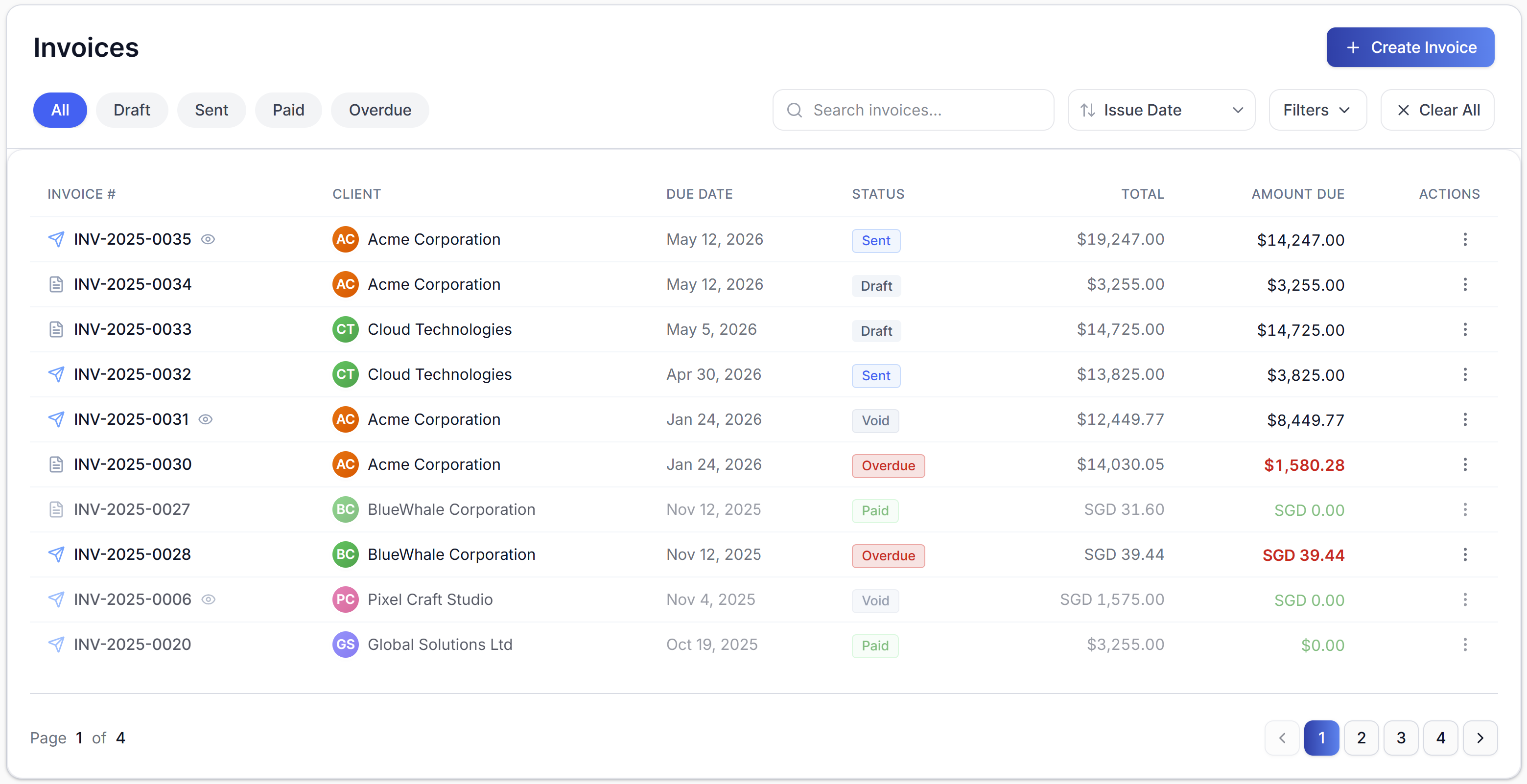 InstaInvoice — invoice list