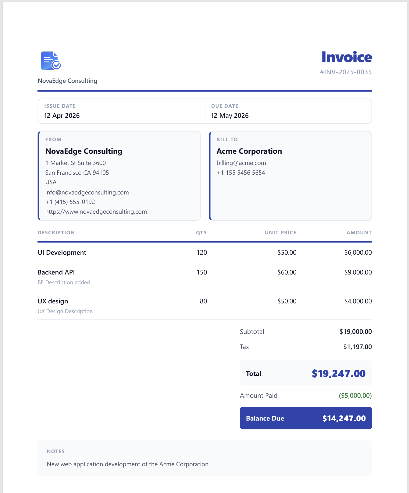 InstaInvoice — professional PDF invoice